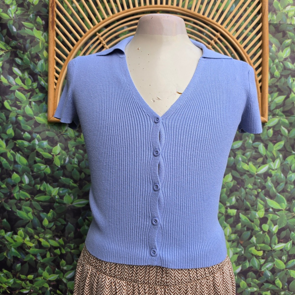 Pink Rose Womens Periwinkle Blue Ribbed Short Sleeve Collared Cardigan Top S